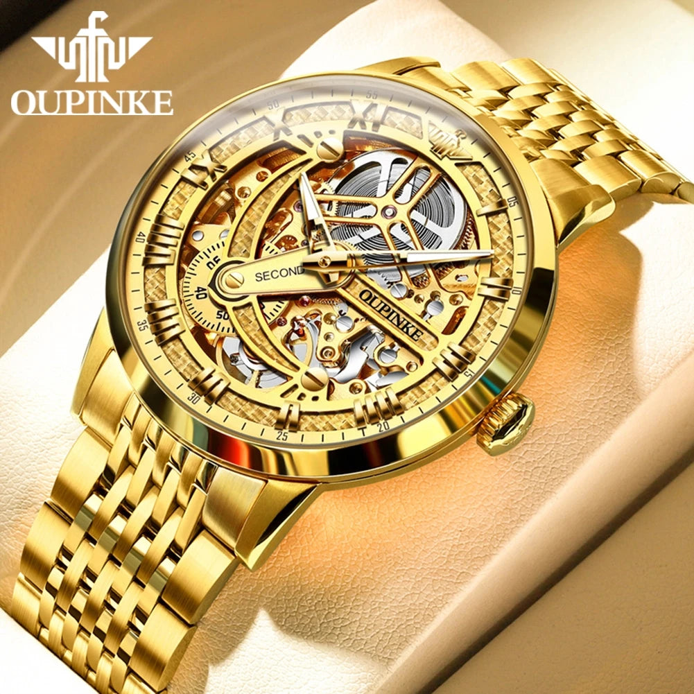 OUPINKE 3173 Luxury Gold Mechanical Watch For Men Hollow Top Brand Original Automatic Wristwatch 50M Waterproof Luminous Watches Brief Boxers