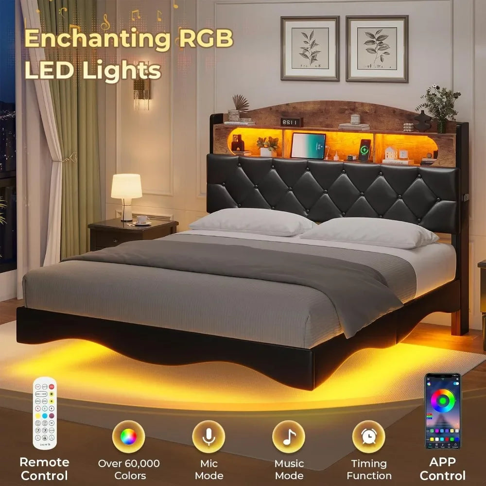 Floating Bed Frame Queen Size with Storage Headboard & Led Lights,Leather Upholstered Platform Bed with Charging Station,RGB Bed