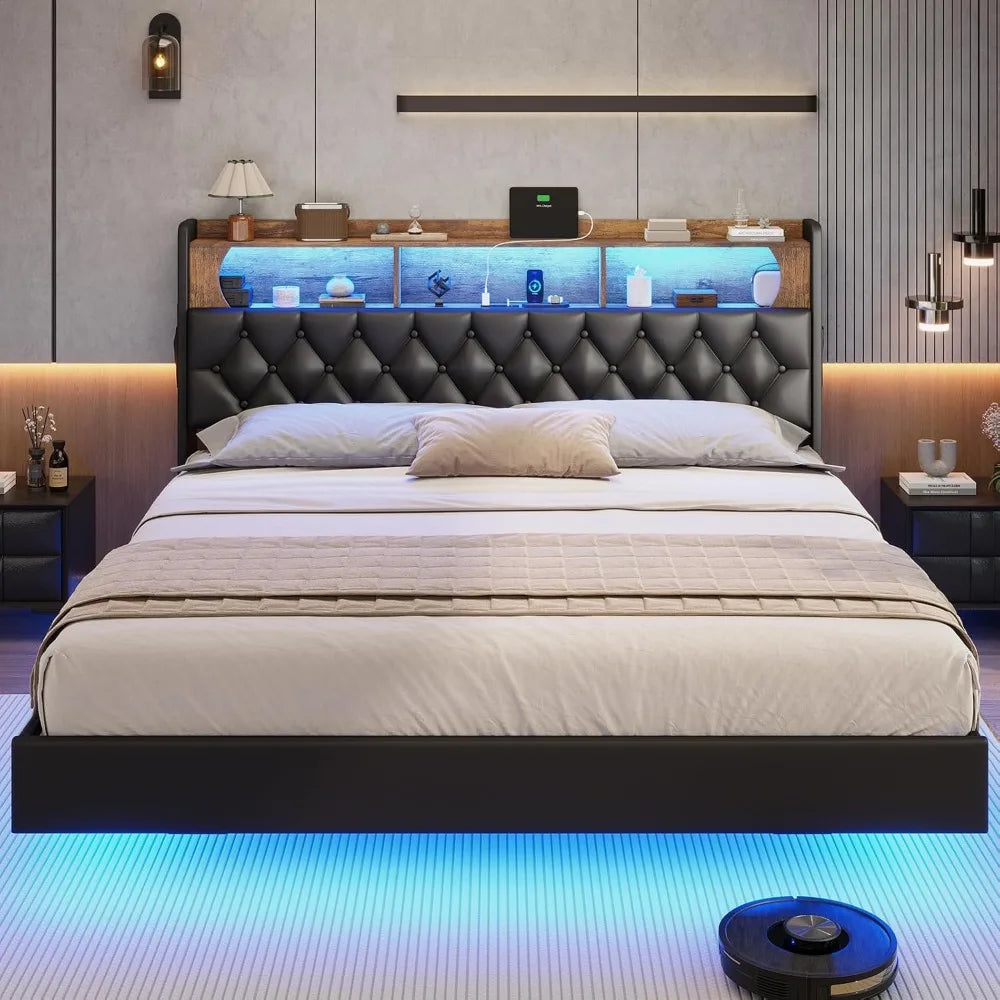 Floating Queen Bed Frame with LED Lights & Storage Headboard, Leather Upholstered Floating Platform Bed with Charging Station