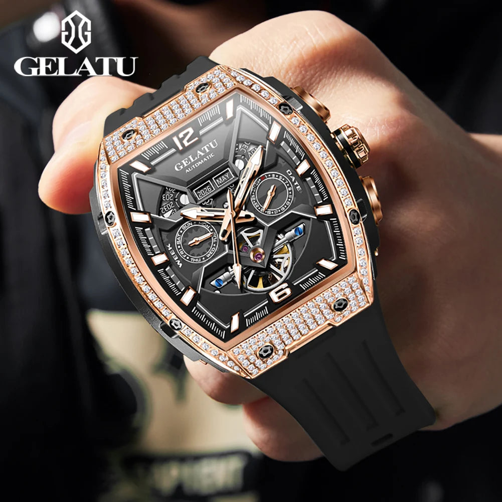 GELATU 6016 Diamond Hollow Man Mechanical Wristwatch Auto Date Deep Waterproof Watch For Men Luxury Silicone Strap Dress Watches Brief Boxers