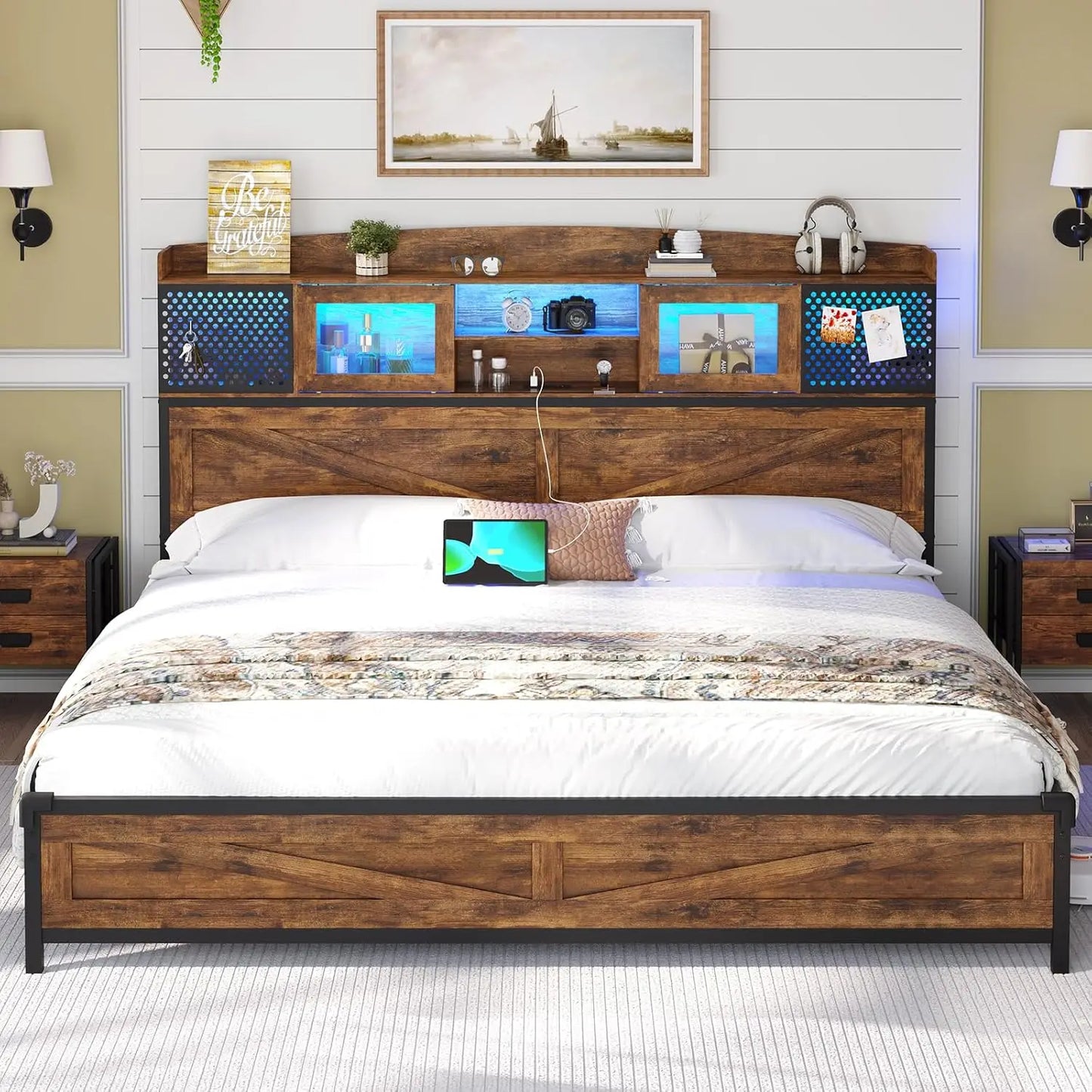 Bed Frame with Headboard Storage & Charging Station, LED Bed Frame Full/Queen/King Size with Shelves & Sliding Doors