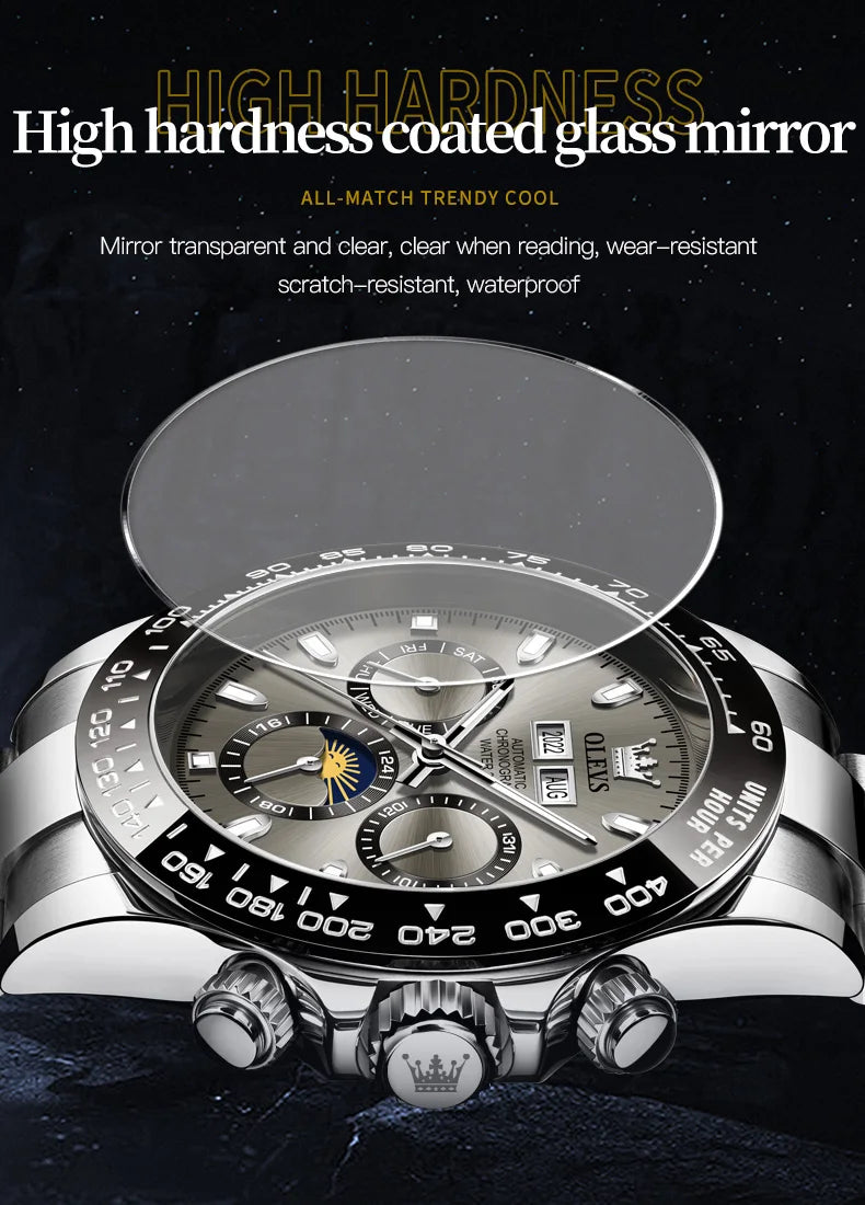 OLEVS 6654 Moon Phase Fashion Mechanical Watch For Men Auto Date Stainless Steel Dress Wristwatch Waterproof Luminous Man Watch Brief Boxers