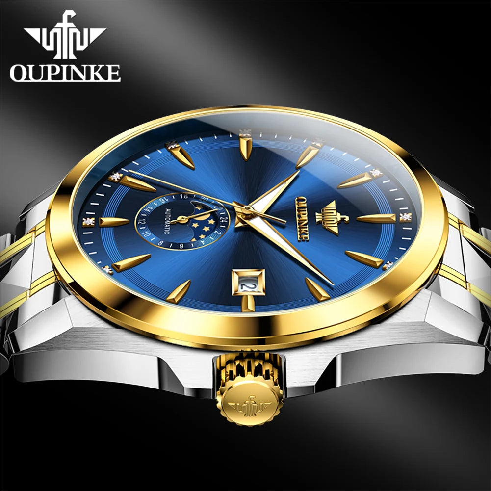 OUPINKE 3292 Fashion Moon Phase Men Automatic Watch 50M Deep Waterproof Mechanical Watch For Men Date Business Man Wristwatch Brief Boxers