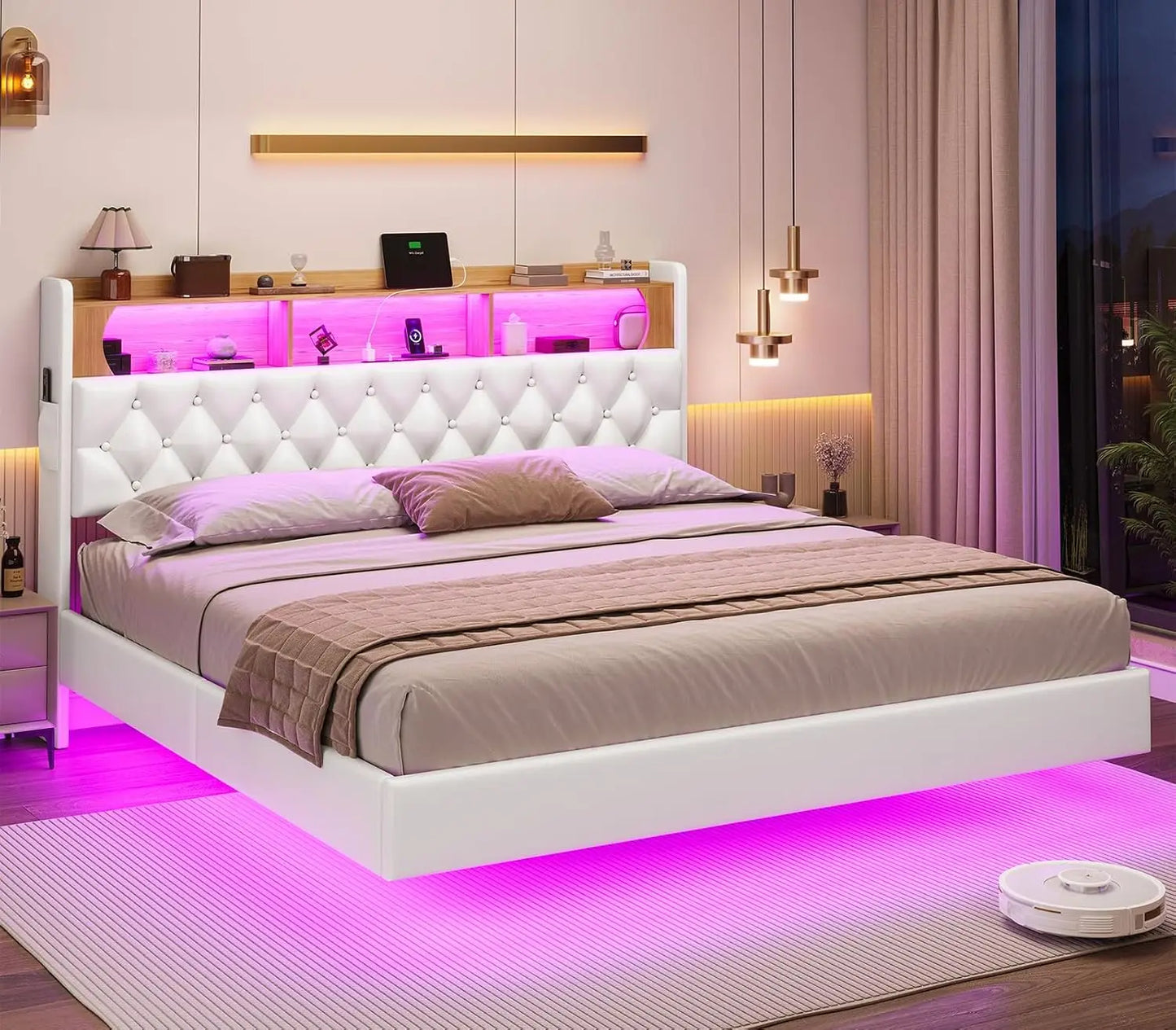 Floating Bed Frame, Floating Platform Bed with Charging Station with LED Lights & Storage Headboard, Modern LED Floating Bed