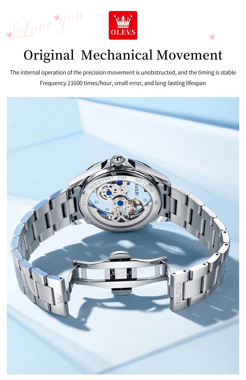 OLEVS 6699 Luxury Original Mechanical Watch For Women Hollow Skeleton Top Brand Wristwatch Waterproof Fashion Woman Watches 2024 Brief Boxers