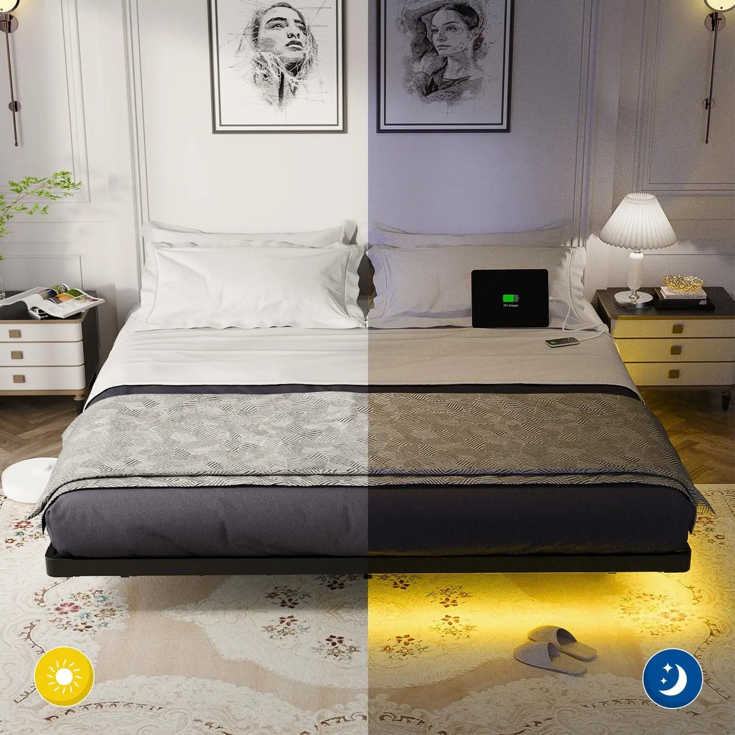 Floating Bed Frame Queen Size with Smart LED Lights and Charging Station - Modern Metal Platform Bed, Easy Assembly