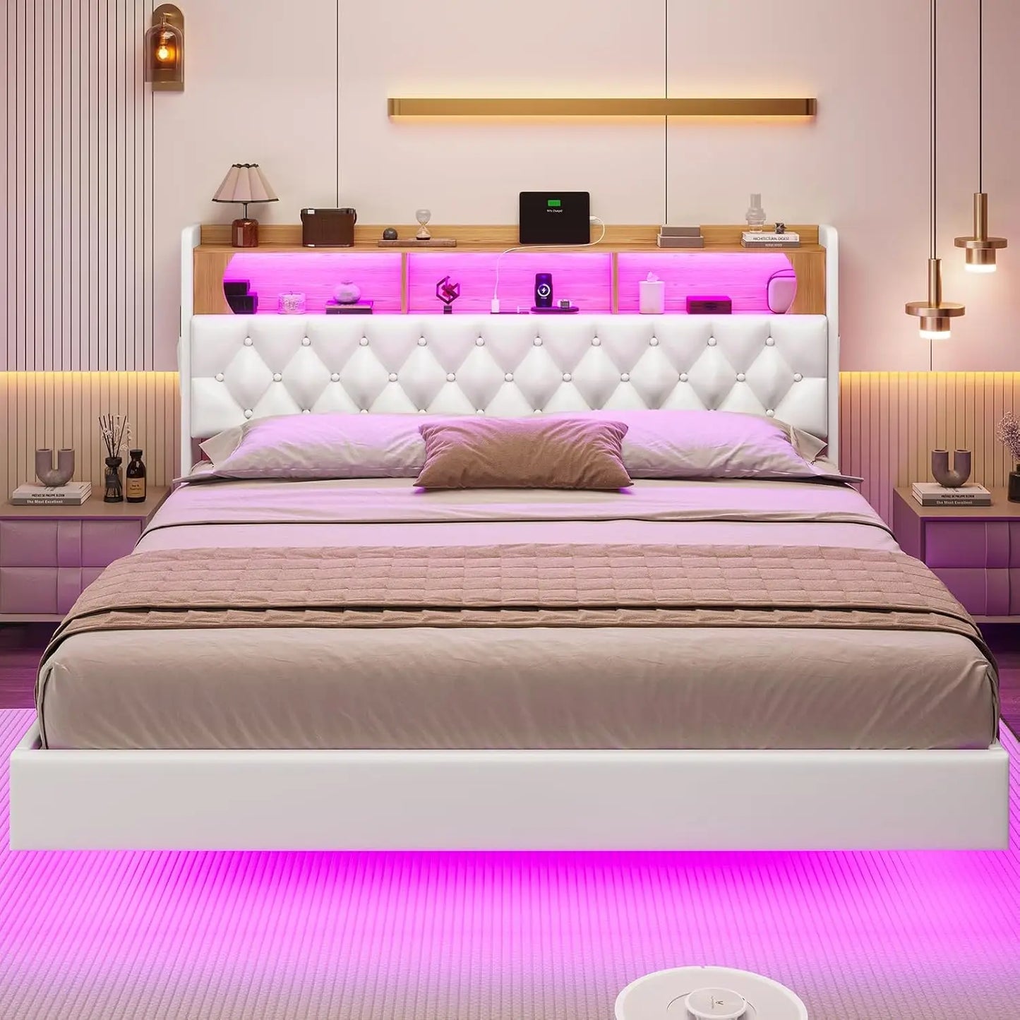 Floating Bed Frame, Floating Platform Bed with Charging Station with LED Lights & Storage Headboard, Modern LED Floating Bed