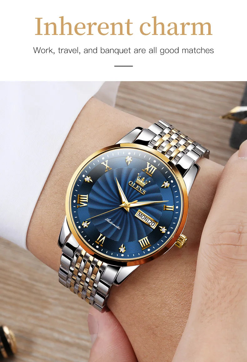 OLEVS 6630 Fashion Business Mechanical Watch For Men Dual Calendar Luminous Wristwatch Roman Scale Deep Waterproof Man Watches Brief Boxers