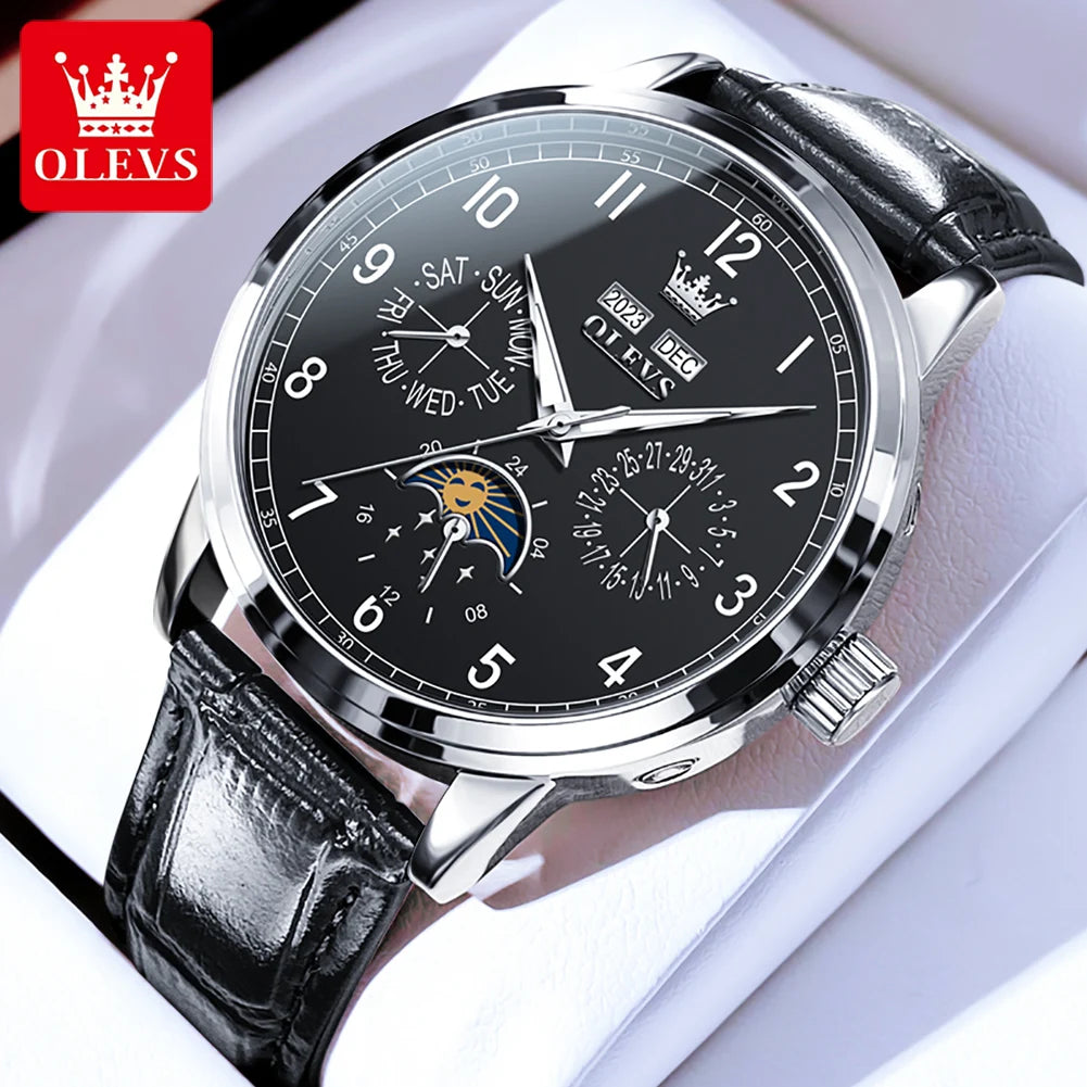 OLEVS 6698 Moonswatch Mechanical Man Wristwatch Number Scale Fashion Waterproof Watch For Men Week Date Display Automatic Watch Brief Boxers