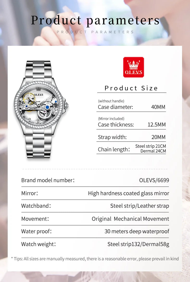 OLEVS 6699 Luxury Original Mechanical Watch For Women Hollow Skeleton Top Brand Wristwatch Waterproof Fashion Woman Watches 2024 Brief Boxers