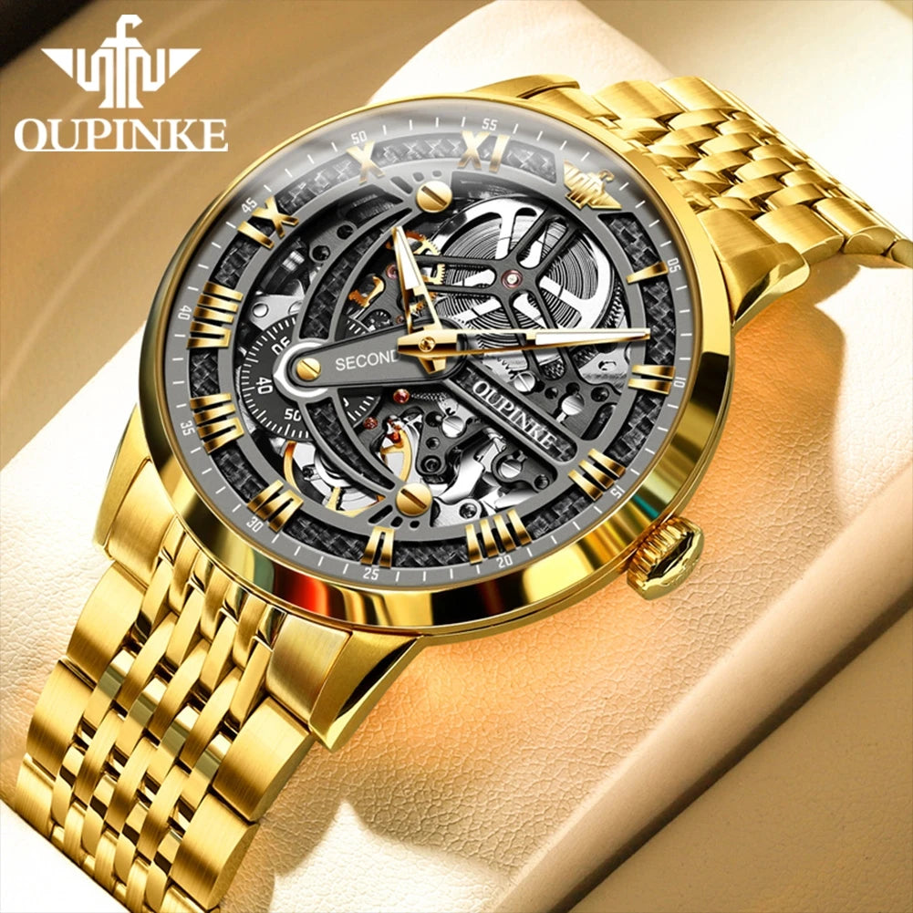 OUPINKE 3173 Luxury Gold Mechanical Watch For Men Hollow Top Brand Original Automatic Wristwatch 50M Waterproof Luminous Watches Brief Boxers