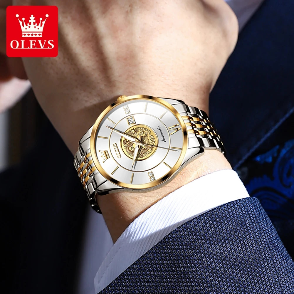 OLEVS 6693 Top Brand Dragon Mechanical Watch For Men Waterproof Automatic Dress Wrist Watches 42.5mm Big Dial Calendar Man Watch Brief Boxers