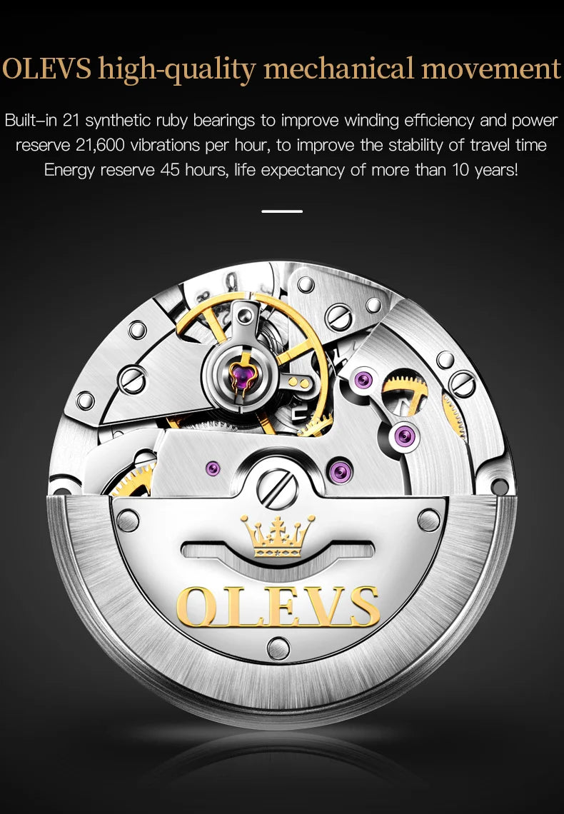 OLEVS 6630 Fashion Business Mechanical Watch For Men Dual Calendar Luminous Wristwatch Roman Scale Deep Waterproof Man Watches Brief Boxers