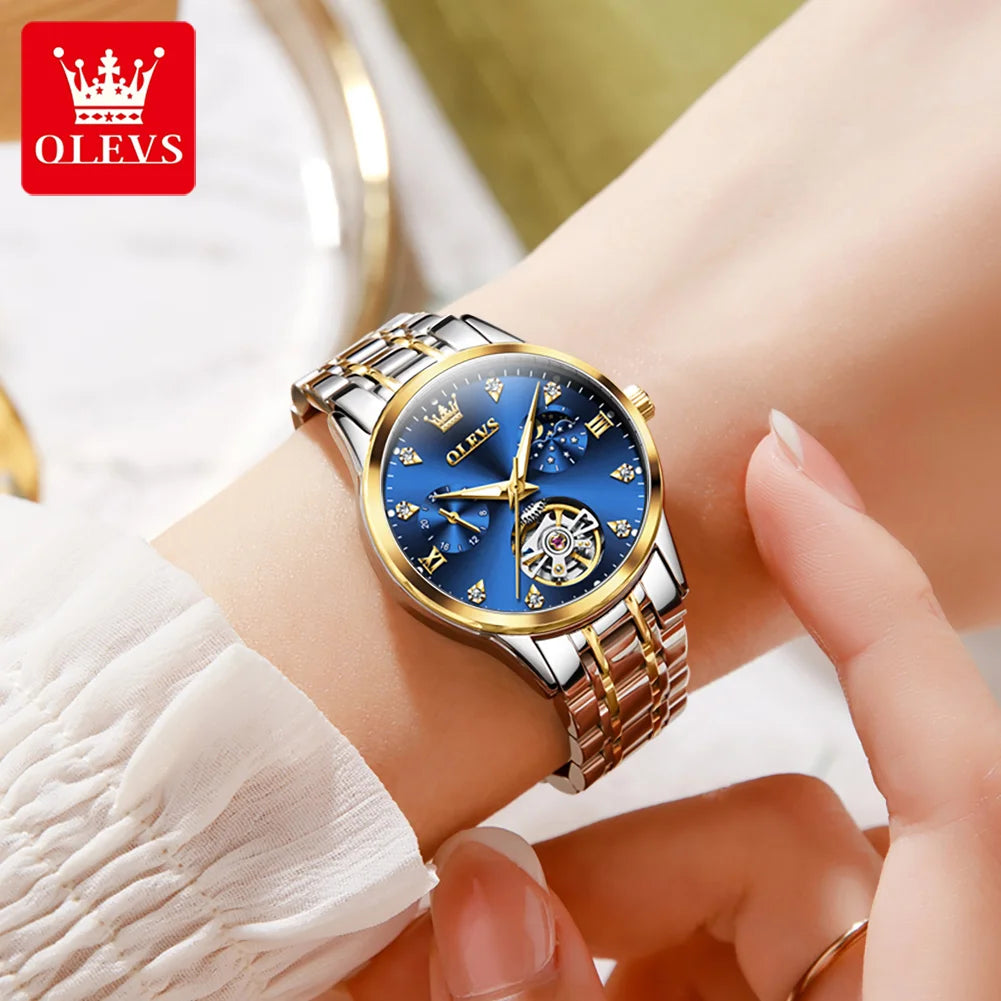 OLEVS 6608 Moonswatch Mechanical Watch For Women Hollow Original Diamond Luxury Wristwatch Waterproof Top Brand Woman Watches Brief Boxers