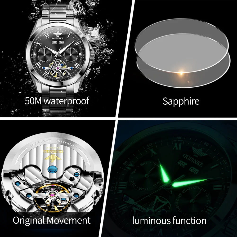 OUPINKE 3281 Deep Waterproof Hollow Skeleton Man Mechanical Watch Roman Scale Auto Date Watch For Men Original Dress Wristwatch Brief Boxers