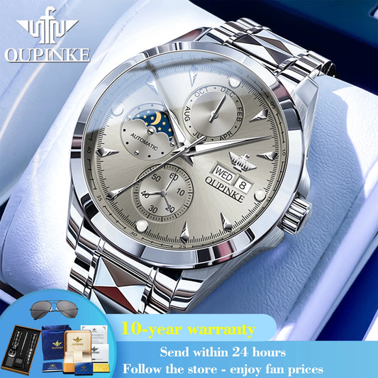 OUPINKE 3299 Moon Phase Fashion Automatic Mechanical Watch For Men Week Date Display Deep Waterproof Wristwatch Dress Watches Brief Boxers