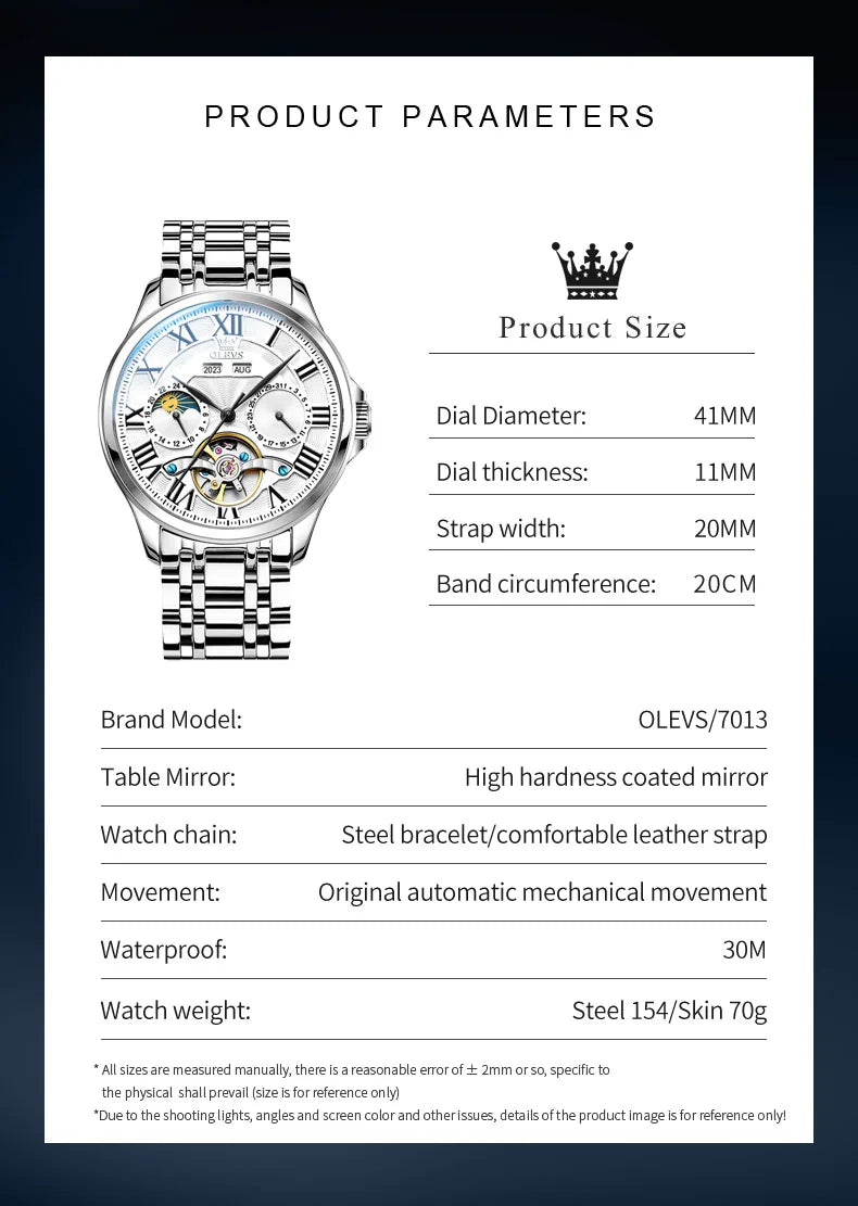 OLEVS Flywheel Skeleton Watch for Men Automatic Mechanical Wristwatch Roman Dial Moon Phase Calendar Waterproof Men's Watches Brief Boxers