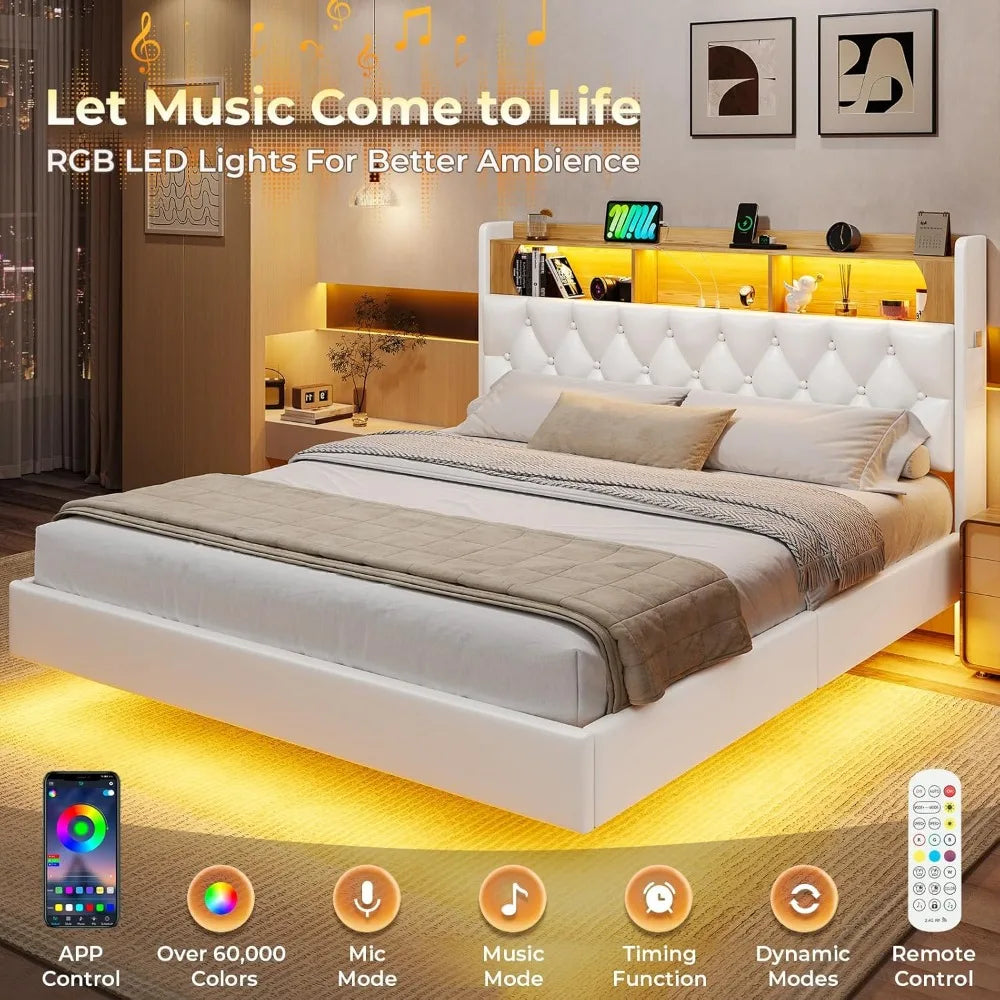 Floating Queen Bed Frame with LED Lights & Storage Headboard, Leather Upholstered Floating Platform Bed with Charging Station