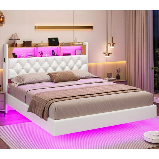 Floating Queen Bed Frame with LED Lights & Storage Headboard, Leather Upholstered Floating Platform Bed with Charging Station