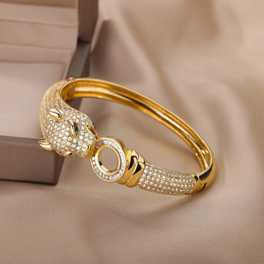 Cubic Zirconia Leopard Bangle Bracelet for Women Luxury Stainless Steel Bracelets Female Wedding Jewelry Valentines Day Gift Brief Boxers