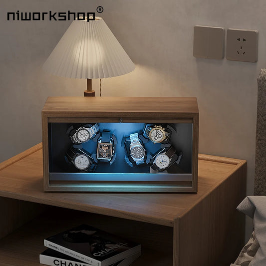 Automatic Watch Winder,6 Slots Wooden Watch Storage Cases with Quite Motor,LED Light,Flexible Pillows For MenAnd Women's Watches Brief Boxers