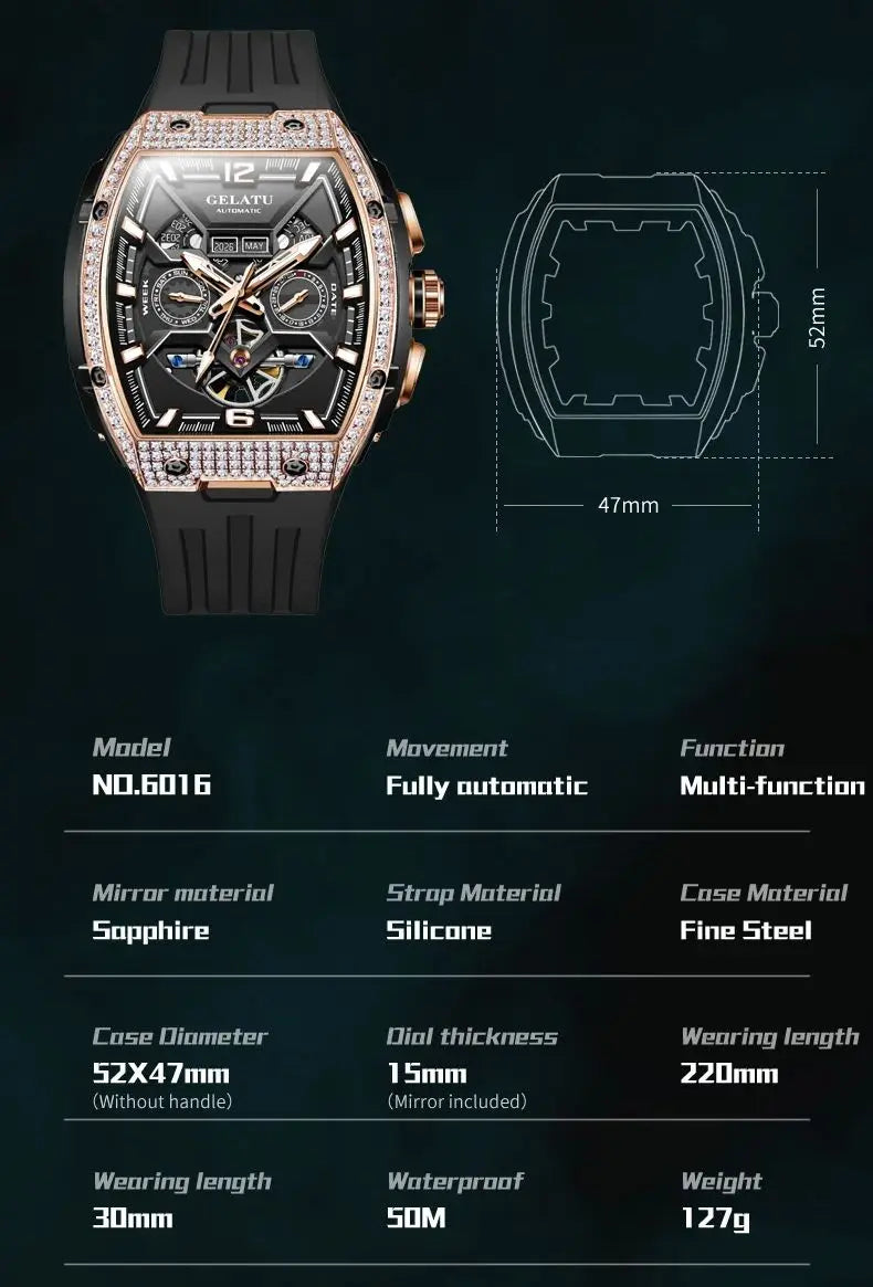 GELATU 6016 Diamond Hollow Man Mechanical Wristwatch Auto Date Deep Waterproof Watch For Men Luxury Silicone Strap Dress Watches Brief Boxers