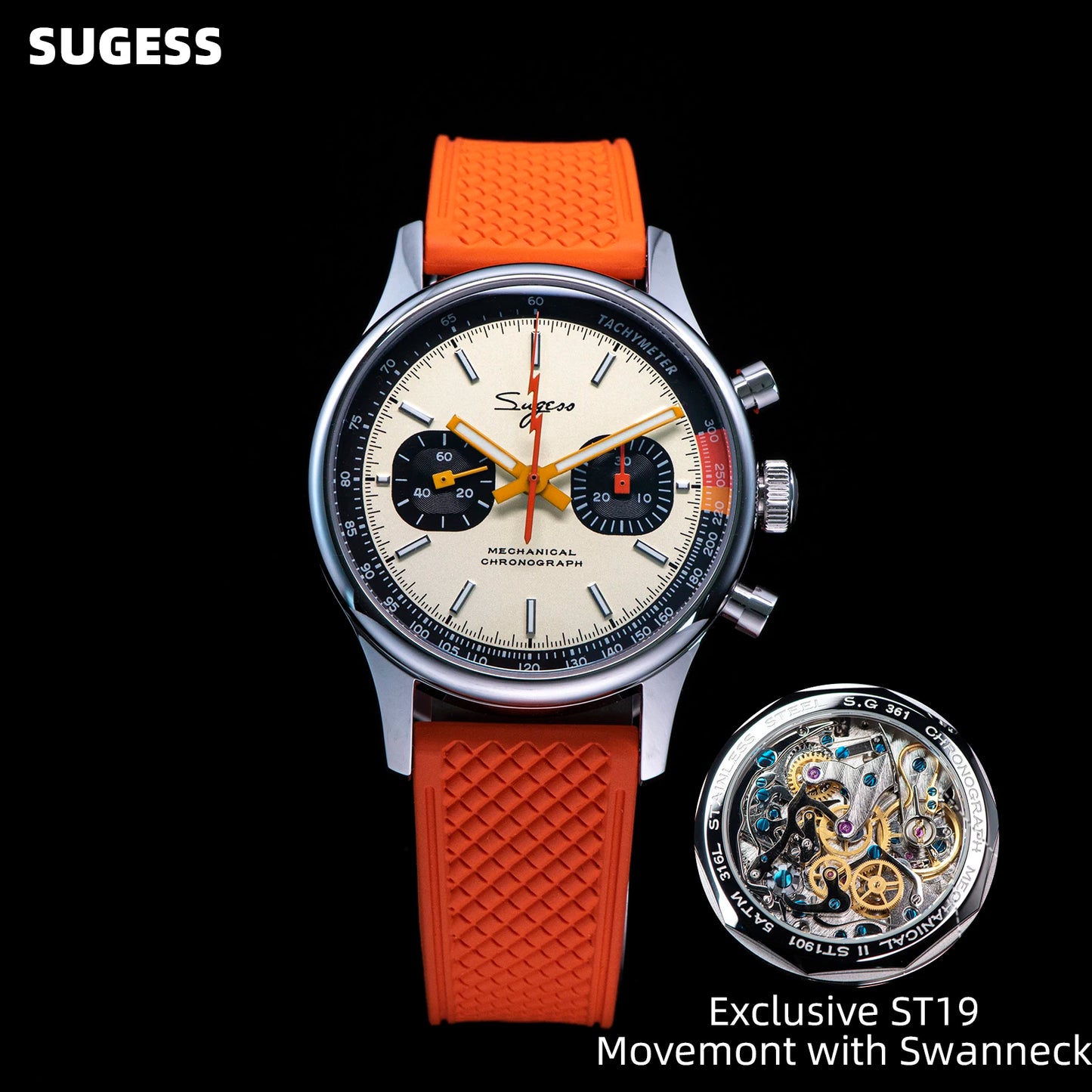 Sugess Pilot Watch ST19 Origin Movement Swanneck Wristwatch Mechanical Chronograph Sappire Crystal Military Limited Racing 1963