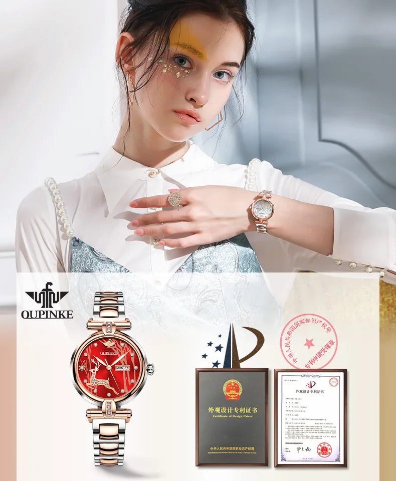 OUPINKE 3180 Automatic Mechanical Watch For Women Top Brand Luxury Dual Calendar Ladies Wristwatch 50M Waterproof  Dress Watches Brief Boxers