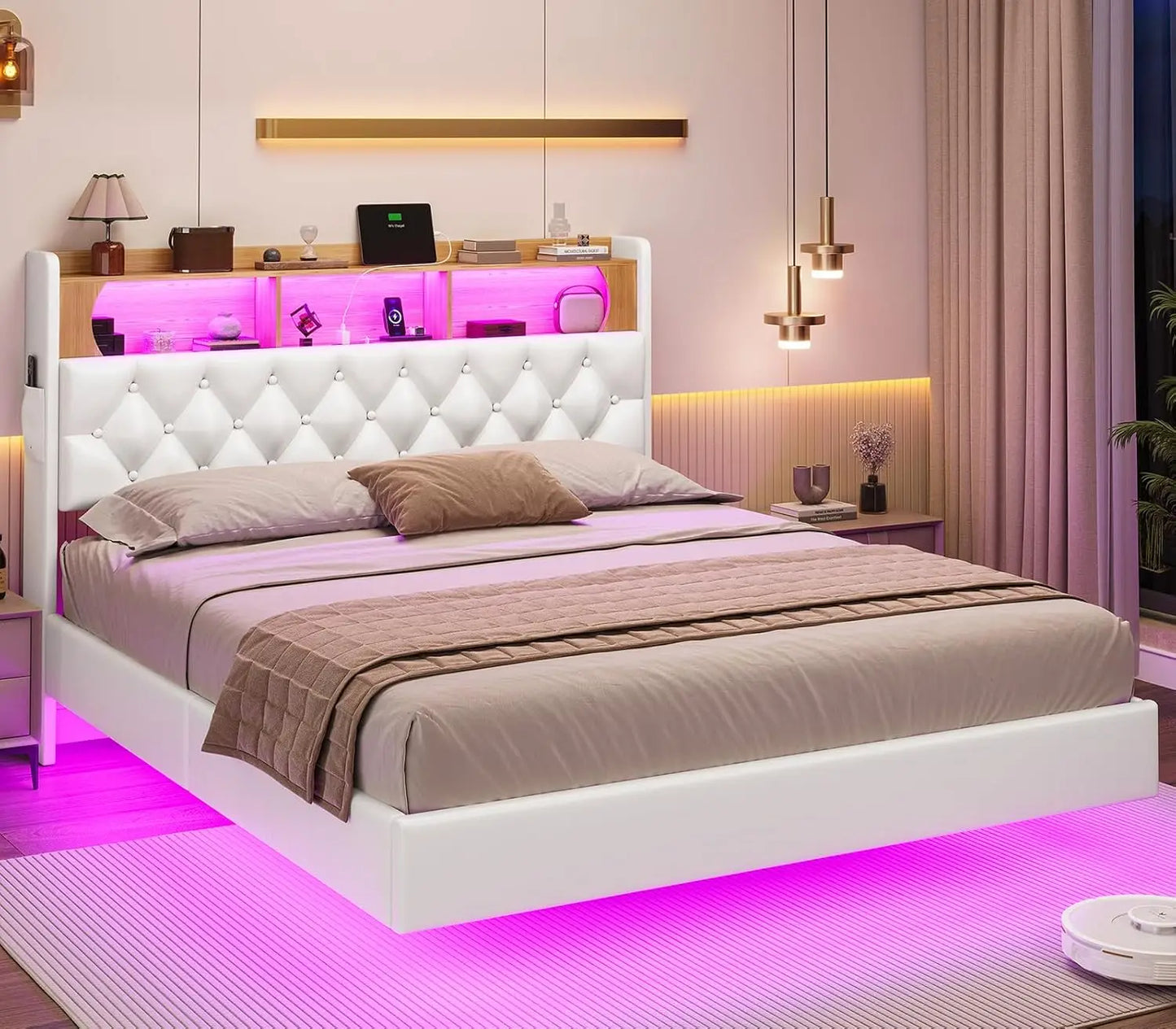 Floating Bed Frame, Floating Platform Bed with Charging Station with LED Lights & Storage Headboard, Modern LED Floating Bed