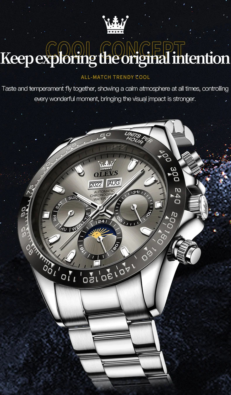 OLEVS 6654 Moon Phase Fashion Mechanical Watch For Men Auto Date Stainless Steel Dress Wristwatch Waterproof Luminous Man Watch Brief Boxers