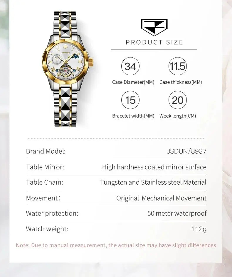 JSDUN 8937 Luxury Elegant Mechanical Wristwatch Roman Scale 50M Waterproof Watch For Women Hollow Skeleton Fashion Dress Watches Brief Boxers