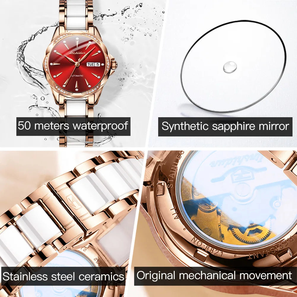 JSDUN 8821 Dual Calendar Mechanical Watch For Women Ceramic Steel Strap Luxury Wristwatch Sapphire Mirror Waterproof Woman Watch Brief Boxers