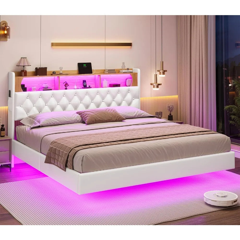 Floating Queen Bed Frame with LED Lights & Storage Headboard, Leather Upholstered Floating Platform Bed with Charging Station