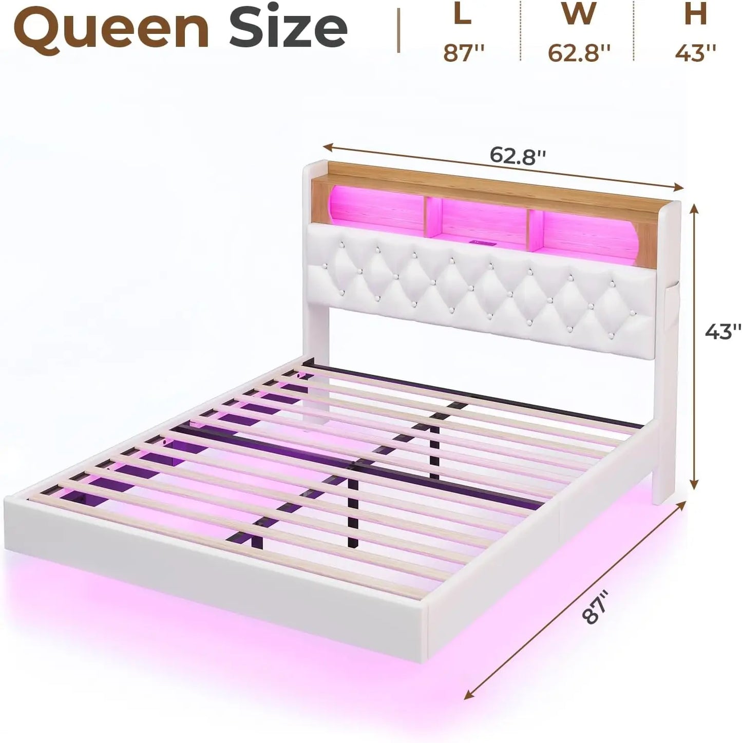 Floating Bed Frame, Floating Platform Bed with Charging Station with LED Lights & Storage Headboard, Modern LED Floating Bed