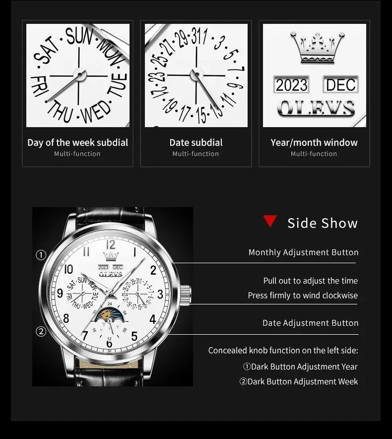 OLEVS 6698 Moonswatch Mechanical Man Wristwatch Number Scale Fashion Waterproof Watch For Men Week Date Display Automatic Watch Brief Boxers