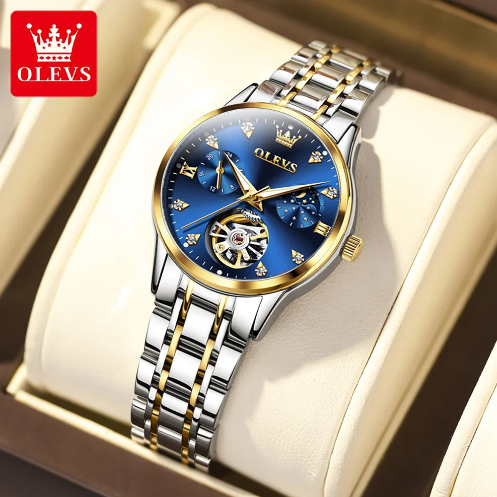 OLEVS 6608 Moonswatch Mechanical Watch For Women Hollow Original Diamond Luxury Wristwatch Waterproof Top Brand Woman Watches Brief Boxers