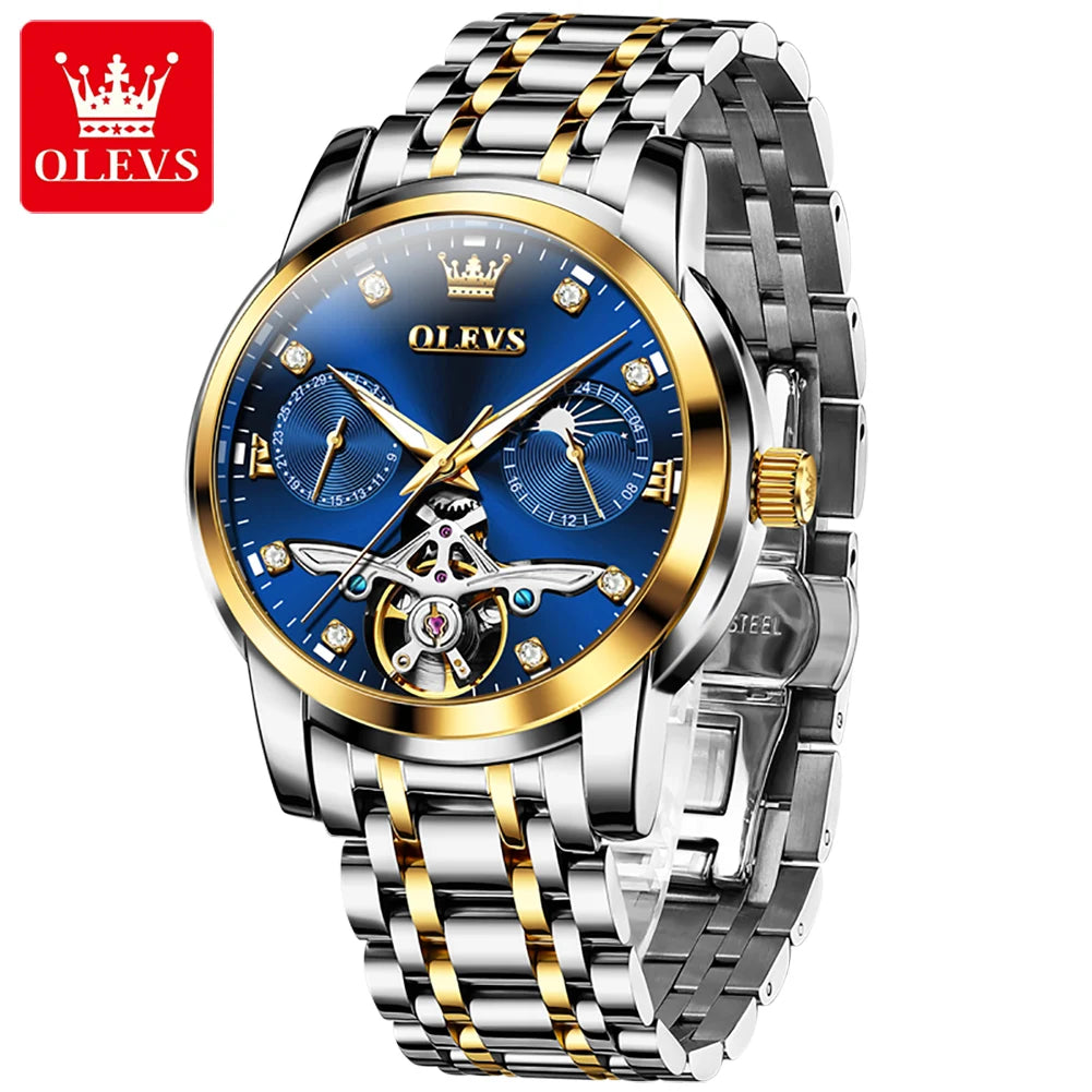 OLEVS 6703 Diamond Scale Luxury Mechanical Man Wristwatch Hollow Skeleton Luminous Waterproof Watch For Men Moon Phase Watches Brief Boxers