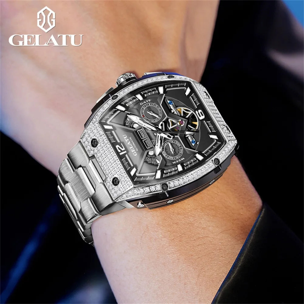 GELATU 6016 Business Mechanical Man Wristwatch Tonneau Big Dial Deep Waterproof Watch For Men Luminous Auto Date Hollow Watches Brief Boxers