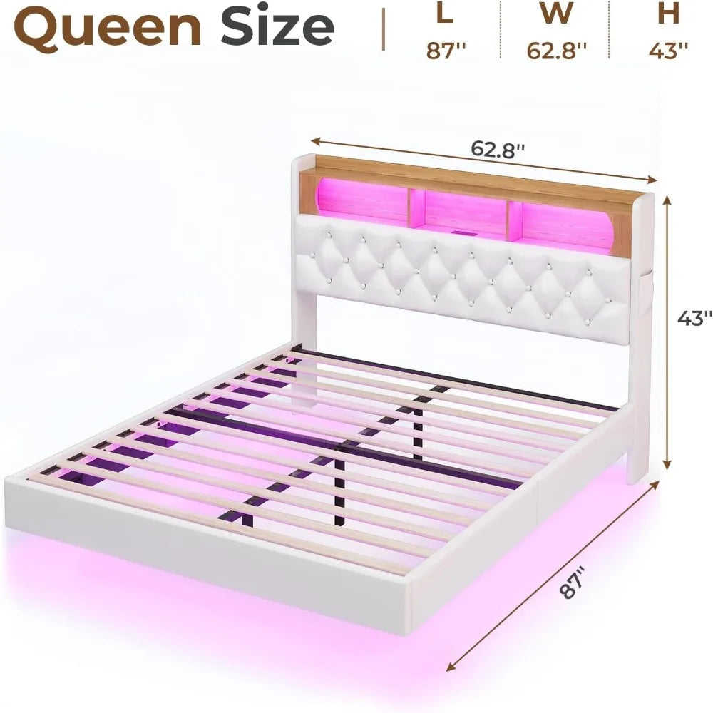 Floating Queen Bed Frame with LED Lights & Storage Headboard, Leather Upholstered Floating Platform Bed with Charging Station