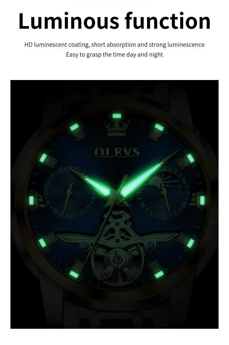 OLEVS 6703 Diamond Scale Luxury Mechanical Man Wristwatch Hollow Skeleton Luminous Waterproof Watch For Men Moon Phase Watches Brief Boxers