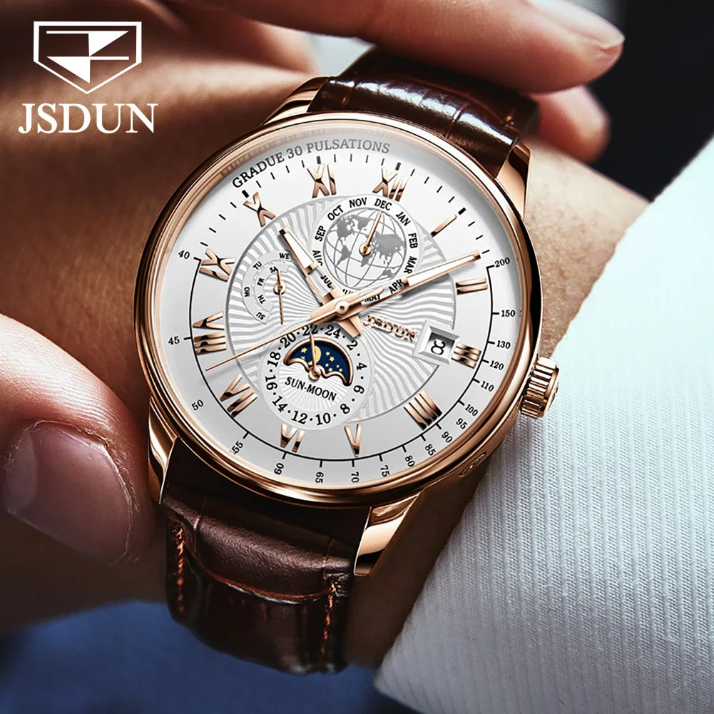 JSDUN 8909 Top Brand Mechanical Watch For Men 24 Hours Display Original Wristwatch Moon Phase Waterproof Classic Man Watches Brief Boxers