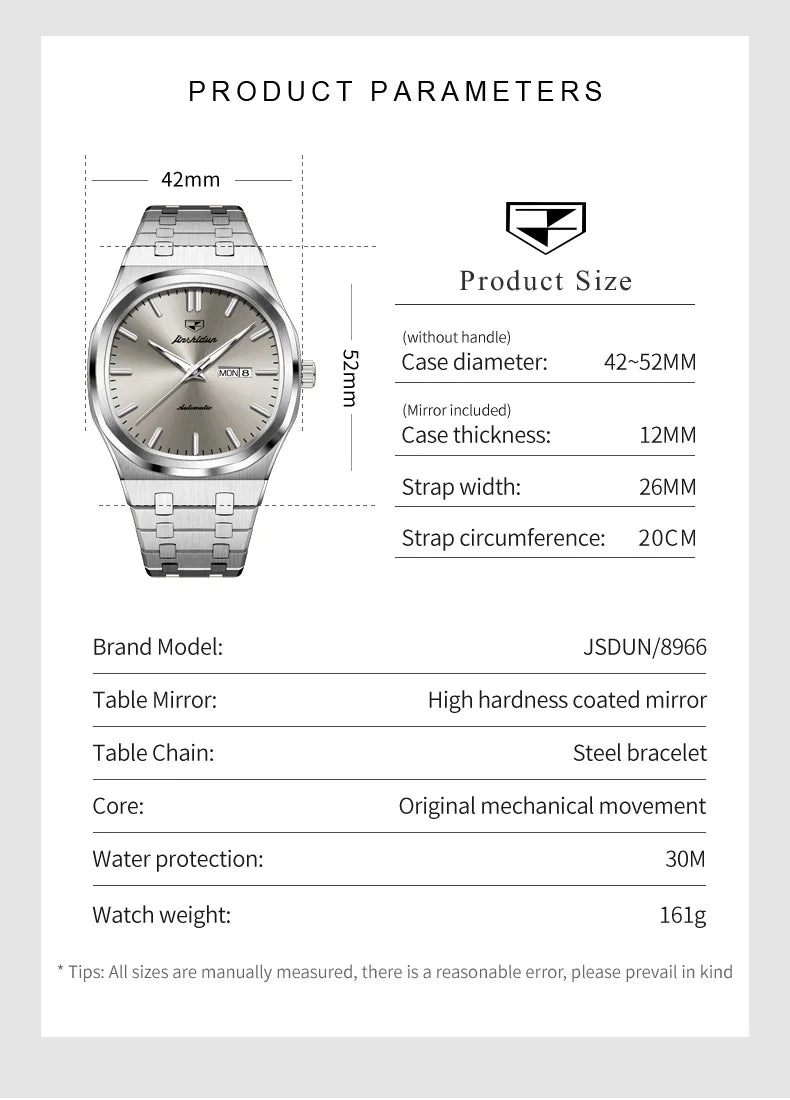 JSDUN 8966 Original Mechanical Watch For Men Big Dial Waterproof Luminous Man Wristwatch Luxury Dual Calendar Men Dress Watches Brief Boxers