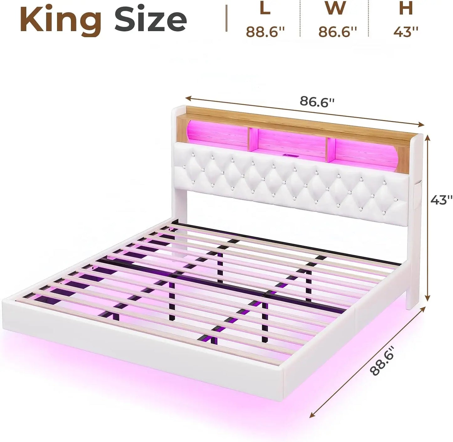 Floating Bed Frame, Floating Platform Bed with Charging Station with LED Lights & Storage Headboard, Modern LED Floating Bed