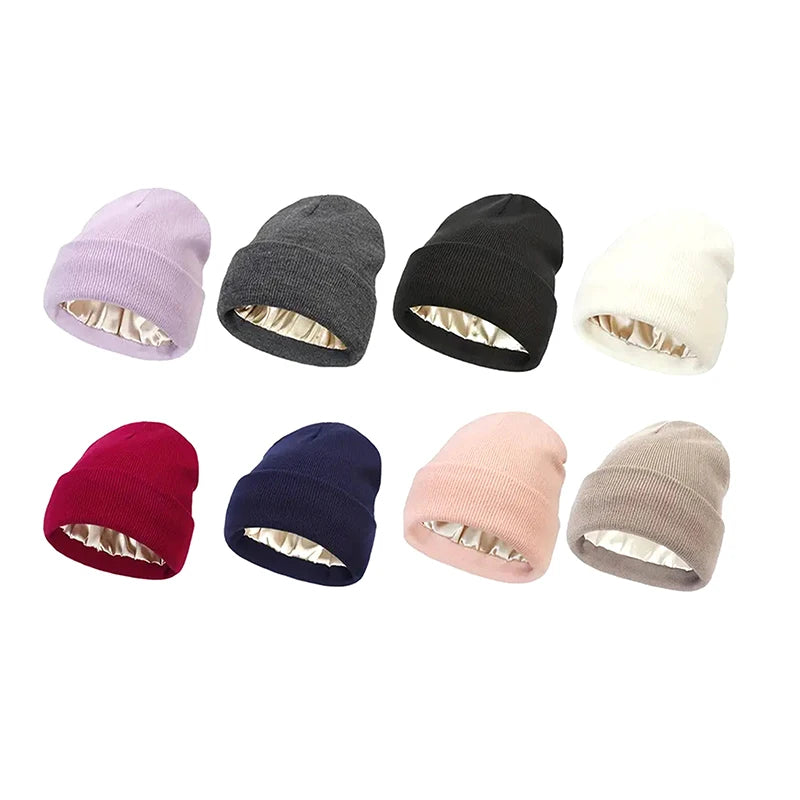 Unisex Satin Lined Anti Static Beanie Hat For Women Winter Silk Lining Slouchy Warm Cuffed 2Layer Hair Cover Sleep Cap Brief Boxers