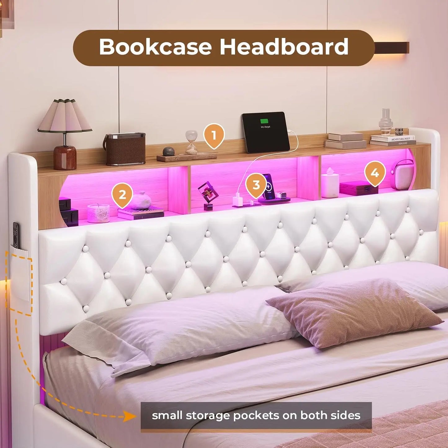 Floating Bed Frame, Floating Platform Bed with Charging Station with LED Lights & Storage Headboard, Modern LED Floating Bed