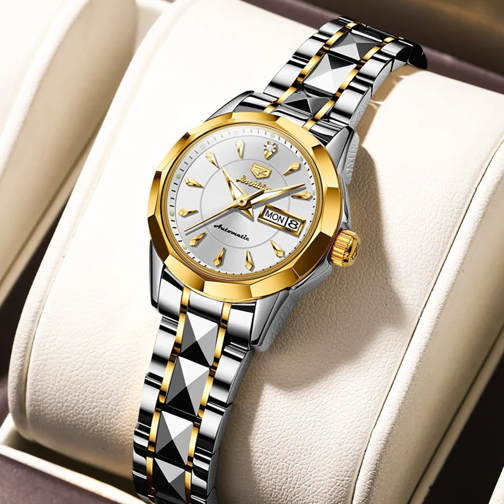 JSDUN 8936 Original Elegant Mechanical Woman Wristwatch Week Date Display Automatic Watch For Women Luxury Waterproof Watches Brief Boxers