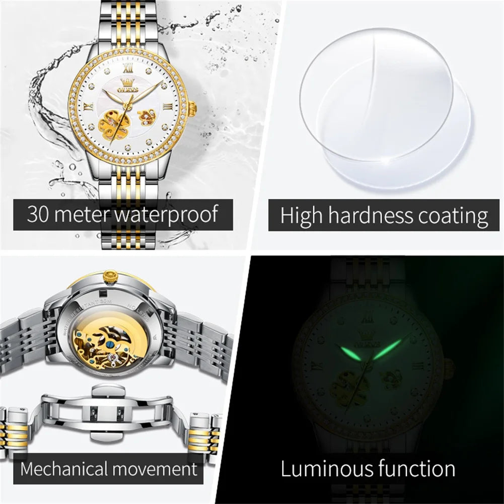 OLEVS 6706 Diamond Scale Luxury Woman Automatic Watch Hollow Mechanical Luminous Watch For Women Classic Waterproof Wristwatch Brief Boxers