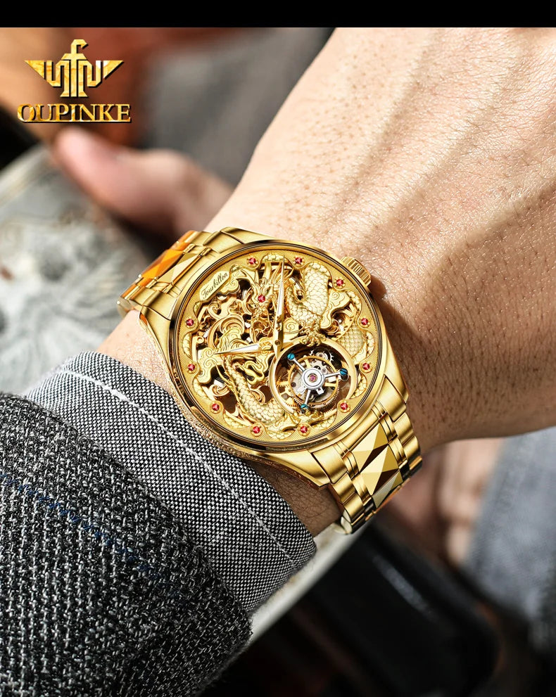 OUPINKE 3176 Top Brand Tourbillon Dragon Watch For Men Sapphire Mirror Luxury Mechanical Wristwatch Hollow Waterproof Watches Brief Boxers