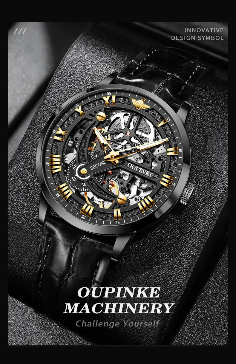 OUPINKE 3173 Luxury Gold Mechanical Watch For Men Hollow Top Brand Original Automatic Wristwatch 50M Waterproof Luminous Watches Brief Boxers