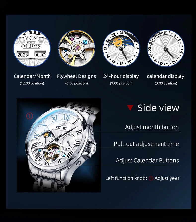 OLEVS Flywheel Skeleton Watch for Men Automatic Mechanical Wristwatch Roman Dial Moon Phase Calendar Waterproof Men's Watches Brief Boxers